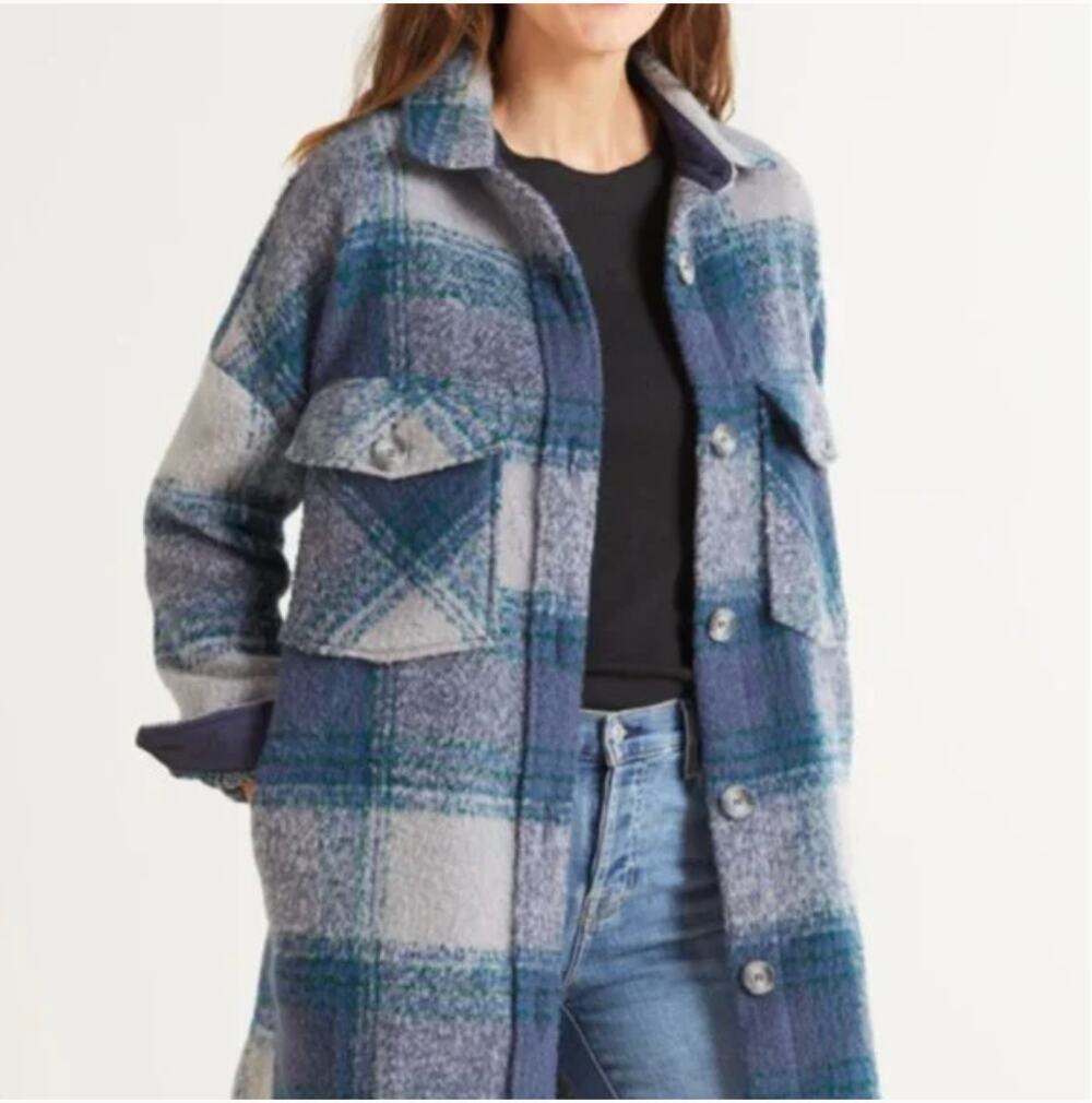 Evereve Blue Plaid Shacket Long Coat Button Shirt Jacket Poly Blend Sm
